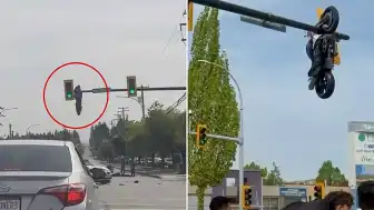 Kanada'da Trafik Işığında Asılı Kalan Motosiklet Şaşkınlık Yarattı