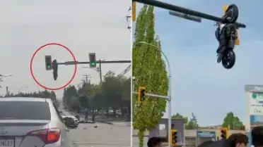Kanada'da Trafik Işığında Asılı Kalan Motosiklet Şaşkınlık Yarattı
