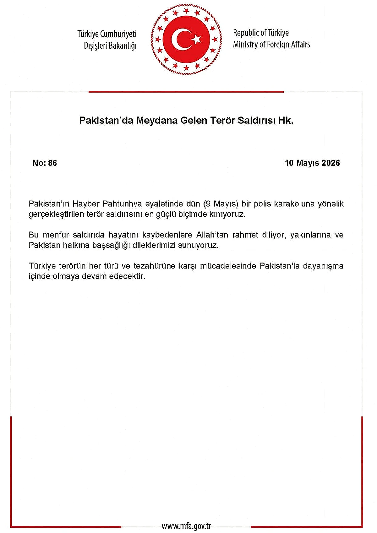 Dışişleri Bakanlığı'ndan Pakistan'daki Terör Saldırısına Kınama