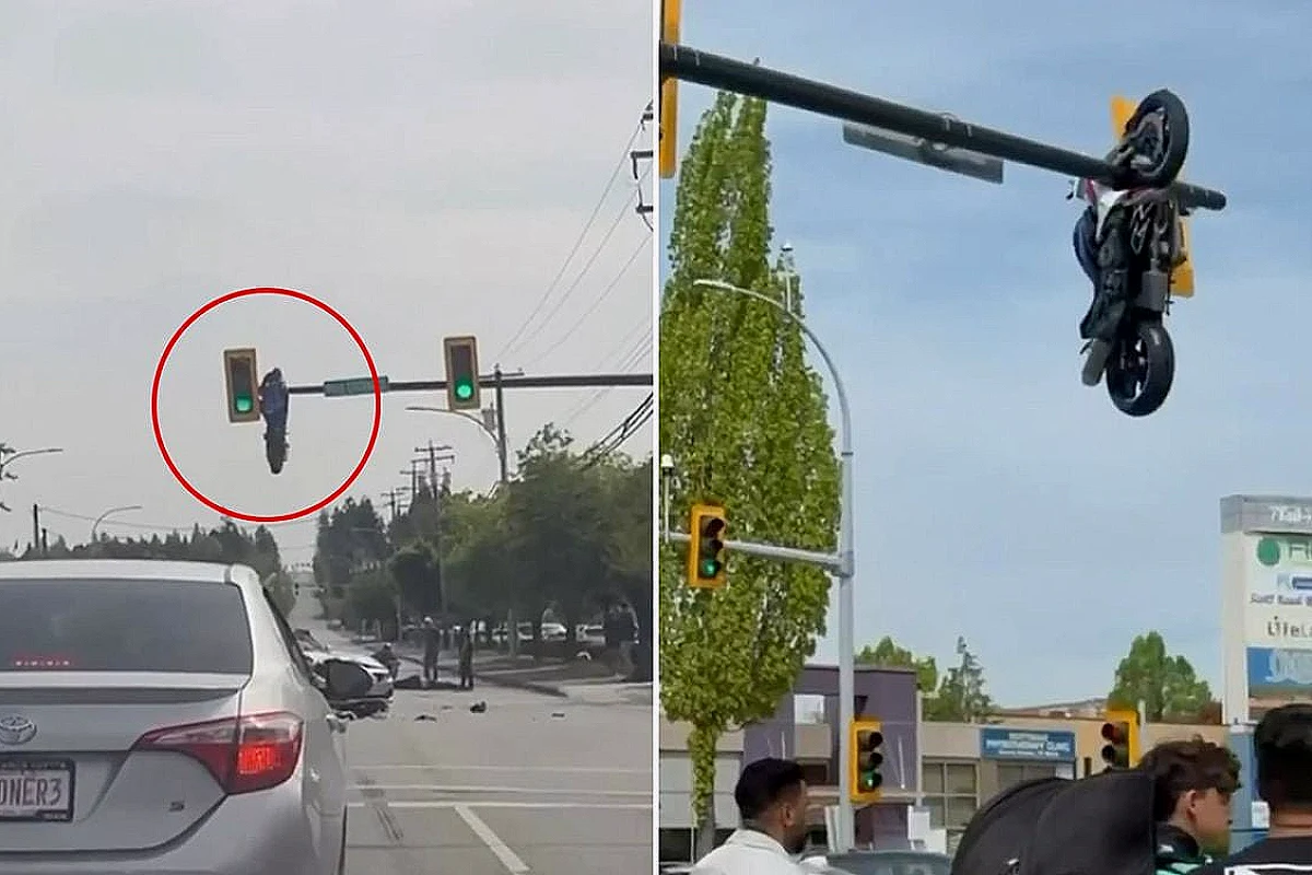 Kanada'da Trafik Işığında Asılı Kalan Motosiklet Şaşkınlık Yarattı